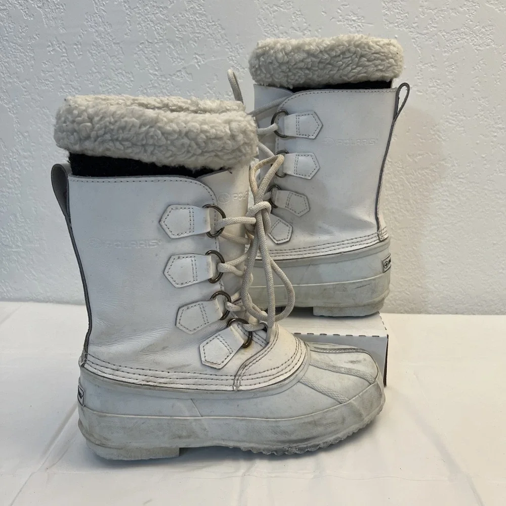 Polaris Winter Snow Boots Womens Sz 6 White‎ Steel Shank Mid Calf Lace Up Lined